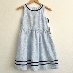 Classic Prep Girls Light Blue Floral Dress with Navy Trim
